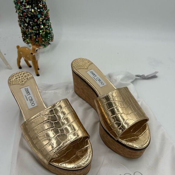 Women’s Jimmy Choo, crock embossed wedge sandals size 38.5 PRISTINE - Picture 1 of 8
